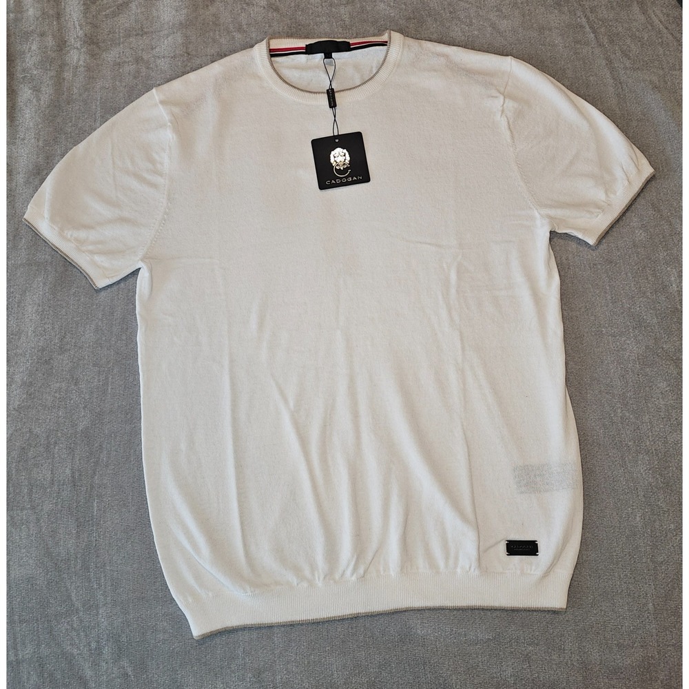CADOGAN Men's Luxury White Linen Cotton Blend Short Sleeve Knit Brixton Medium